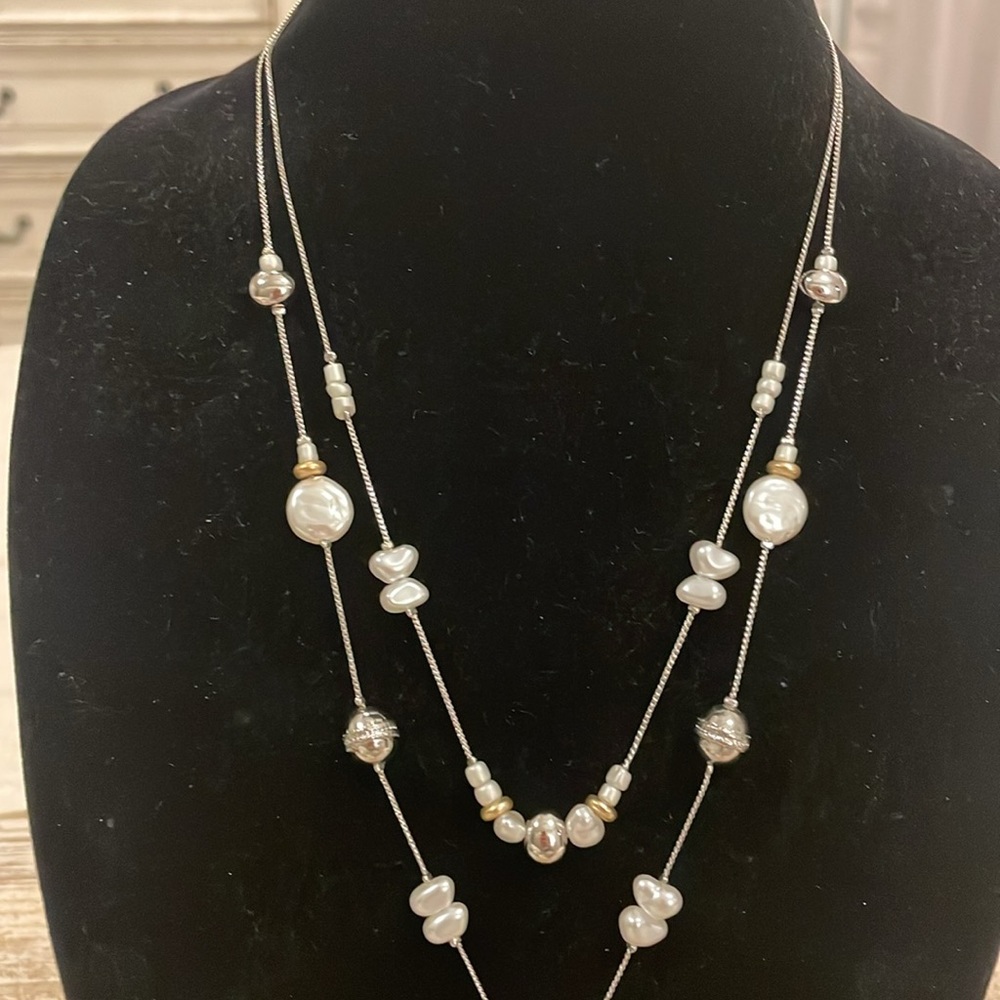 Chico’s Silver Tone Double Layer Strand Beaded Fl… - image 3